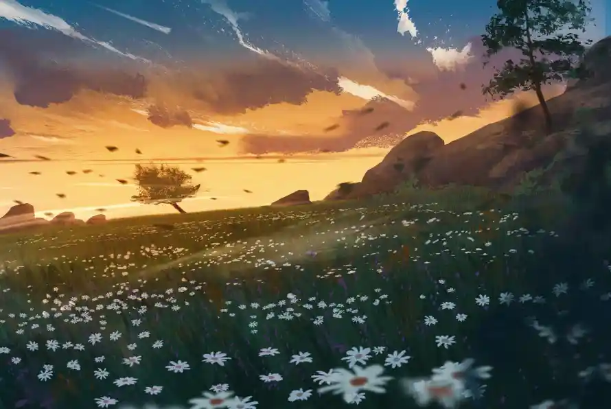 2k云朵壁纸-卡通 - 夕照-山坡「哲风壁纸」