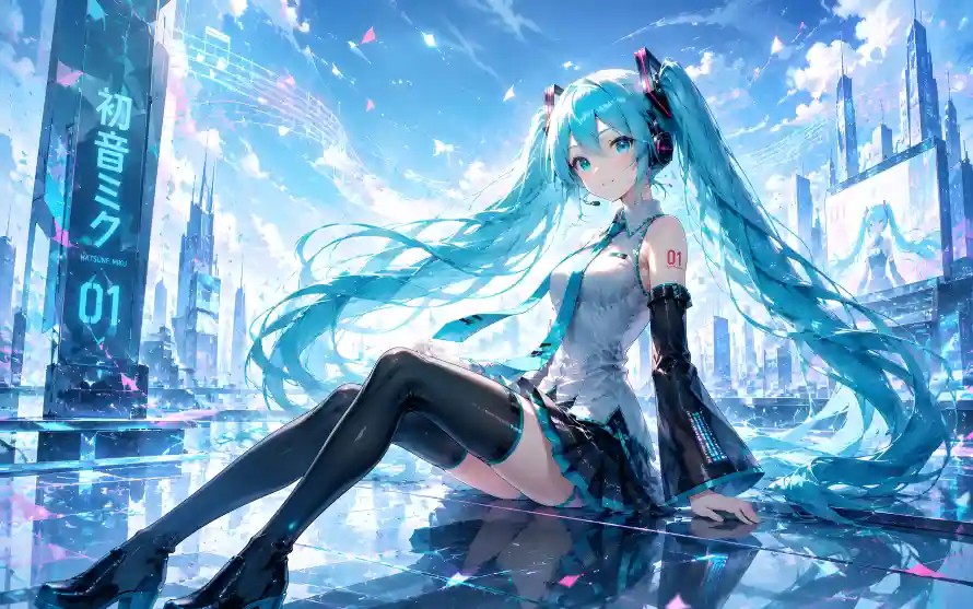 6k初音壁纸-坐姿 - 晴空-耳机「哲风壁纸」
