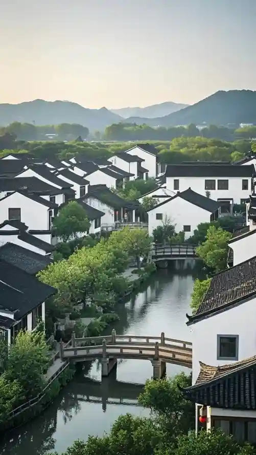 4k河道壁纸 - 绿树 - 远山 - 古村落「哲风壁纸」