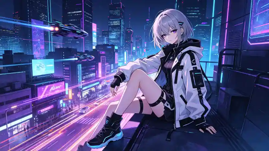 4k坐姿壁纸-外套 - 少女-霓虹「哲风壁纸」