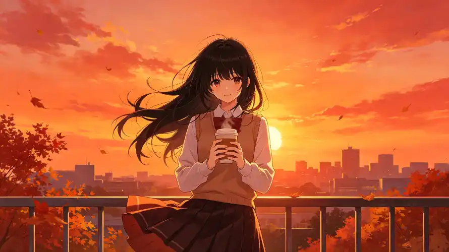 4k夕阳壁纸-天台 - 校服-秋日「哲风壁纸」