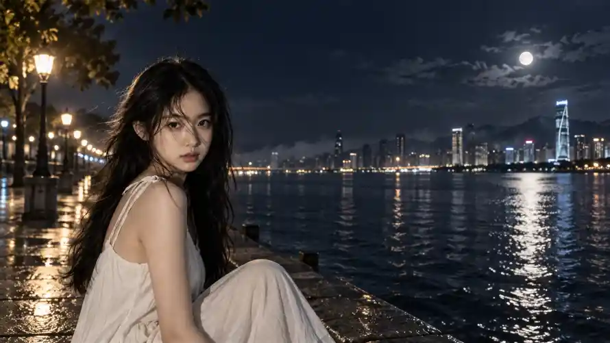 4k月夜壁纸-路灯 - 长发-林一一「哲风壁纸」