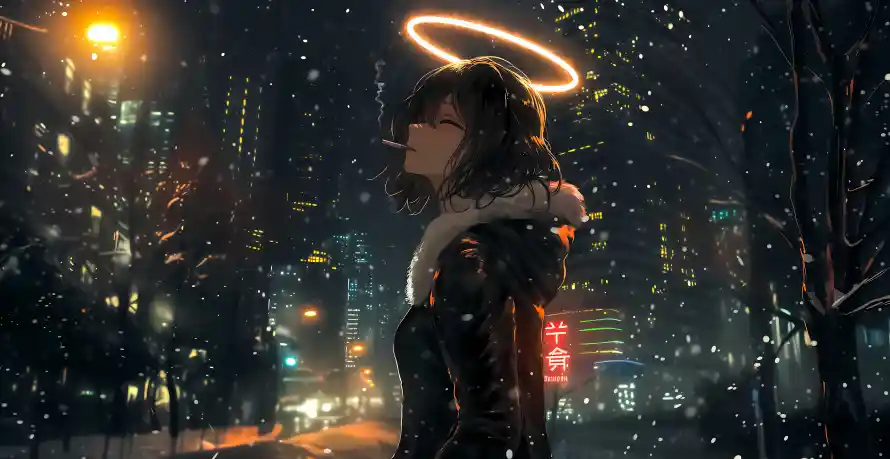 8k光环壁纸-叼烟 - 夜景-落雪「哲风壁纸」