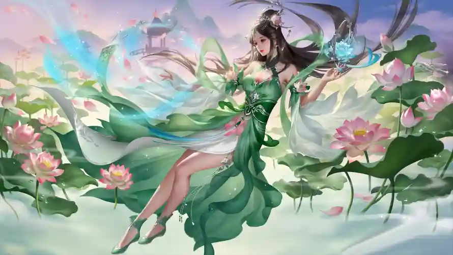 4k仙气壁纸-古风 - 绿裙-花瓣「哲风壁纸」
