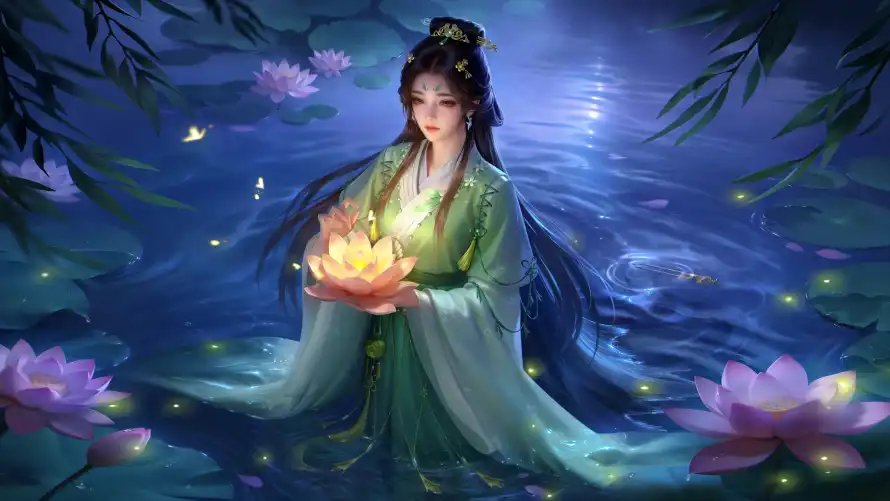4k月夜壁纸-柳叶 - 水面-绿衣「哲风壁纸」