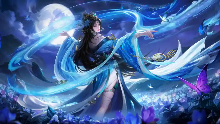 4k月夜壁纸-满月 - 花海-蓝裙「哲风壁纸」