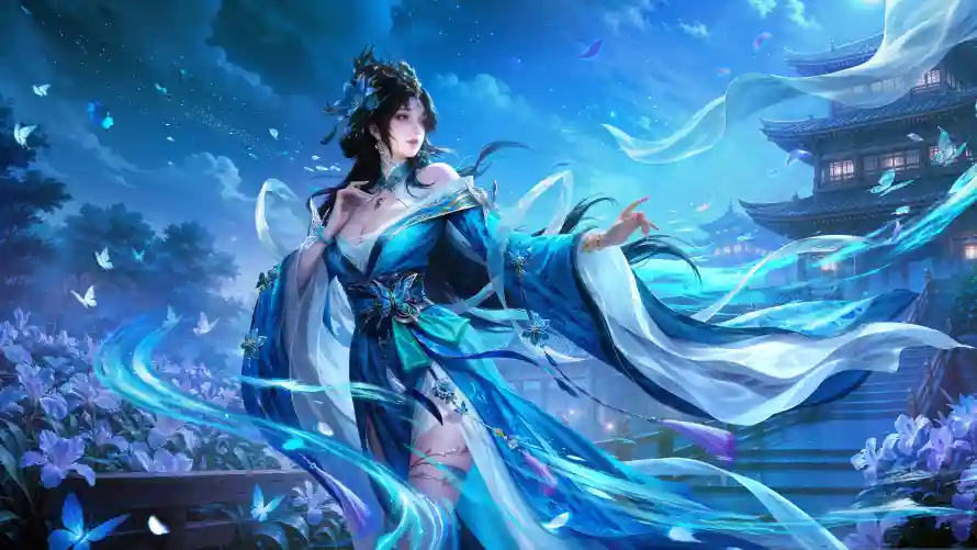 4k夜景壁纸-花丛 - 蓝衣-蝴蝶「哲风壁纸」