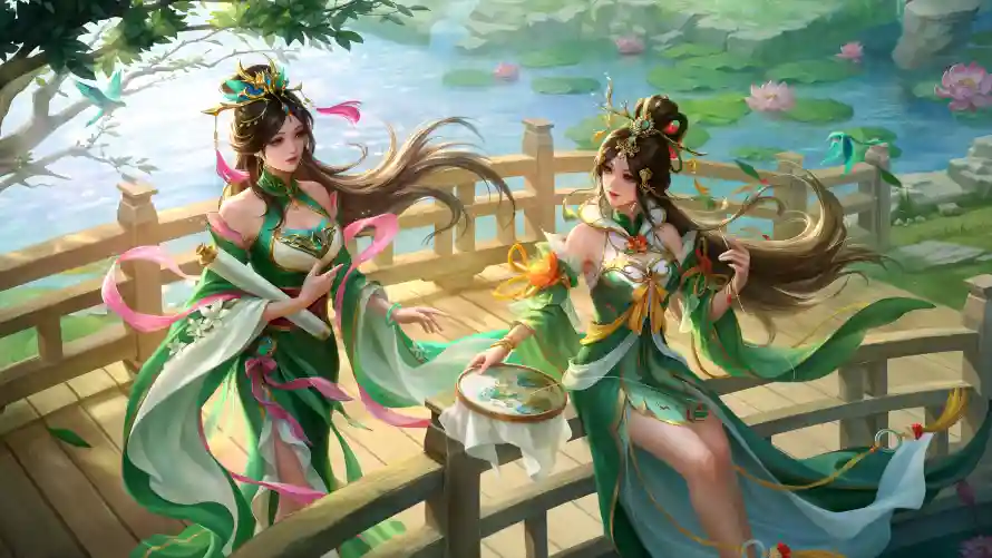 4k双姝壁纸 - 团扇 - 木桥 - 汉服「哲风壁纸」 4k双姝壁纸 - 团扇 - 木桥 - 汉服「哲风壁纸」
