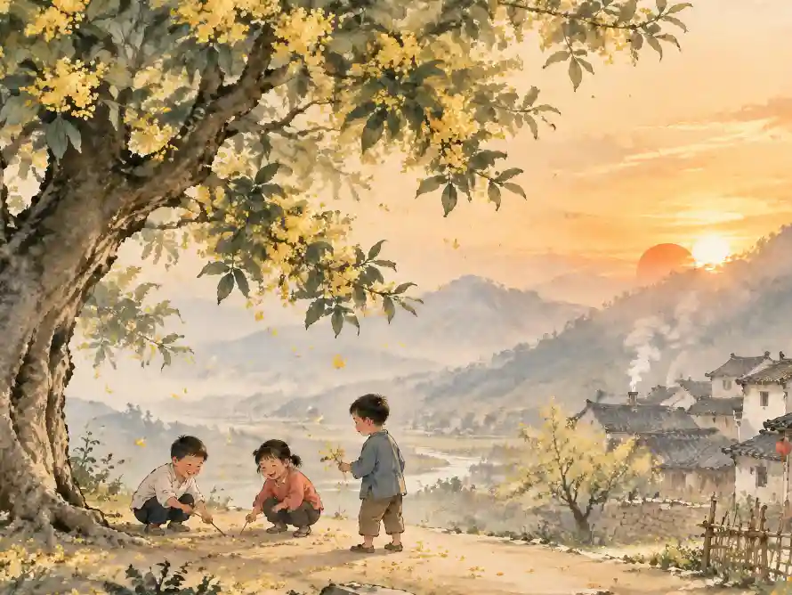 5k乡村壁纸-夕阳 - 孩童-桂花「哲风壁纸」