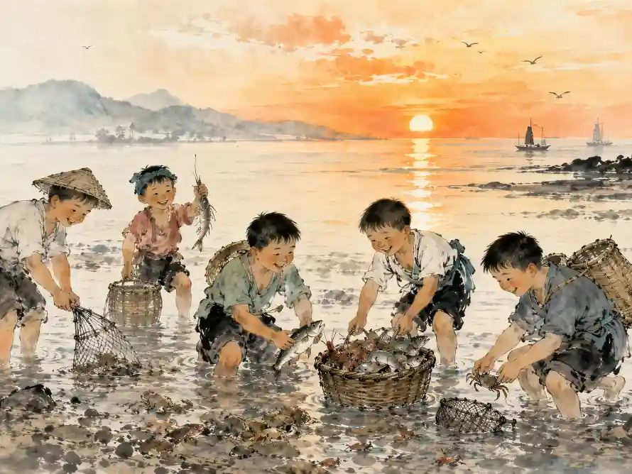 6k国画壁纸-夕阳 - 孩童-捕鱼「哲风壁纸」