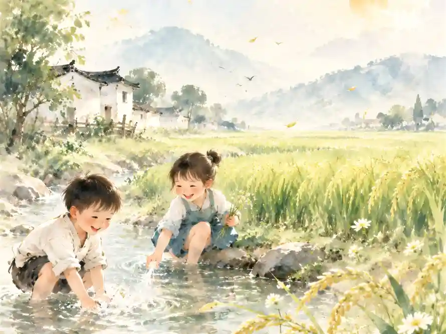 4k乡村壁纸-夏日 - 孩童-小溪「哲风壁纸」