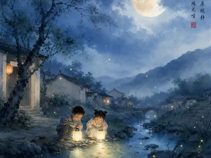 6k乡村壁纸-夜景 - 孩童-提灯「哲风壁纸」