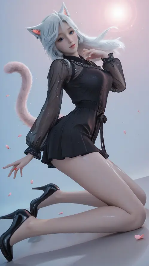 4k3D壁纸 - 猫尾 - 白发 - 花瓣「哲风壁纸」