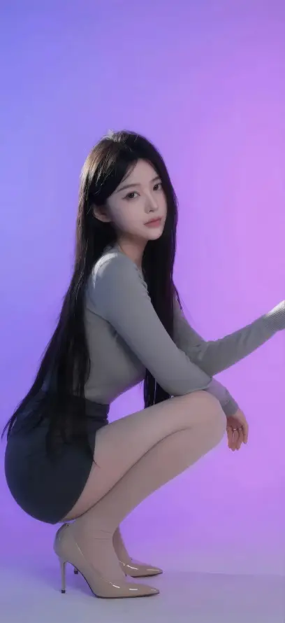4k侧身壁纸 - 美女 - 蹲姿 - 长发「哲风壁纸」