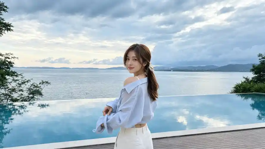 3k写真壁纸-回头 - 大海-少女「哲风壁纸」