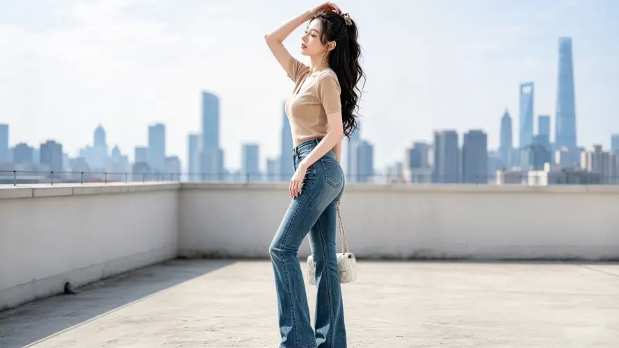2k侧身壁纸-写真 - 天台-美女「哲风壁纸」