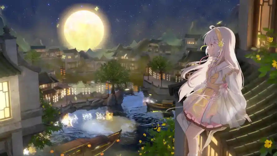 4k中秋壁纸-古镇 - 夜景-少女「哲风壁纸」