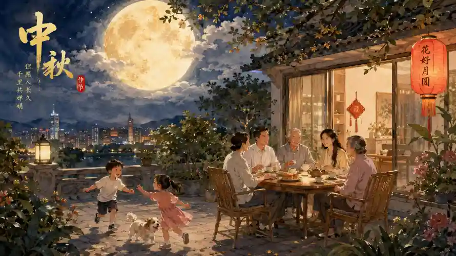 6k中秋壁纸-团圆 - 夜景-家宴「哲风壁纸」