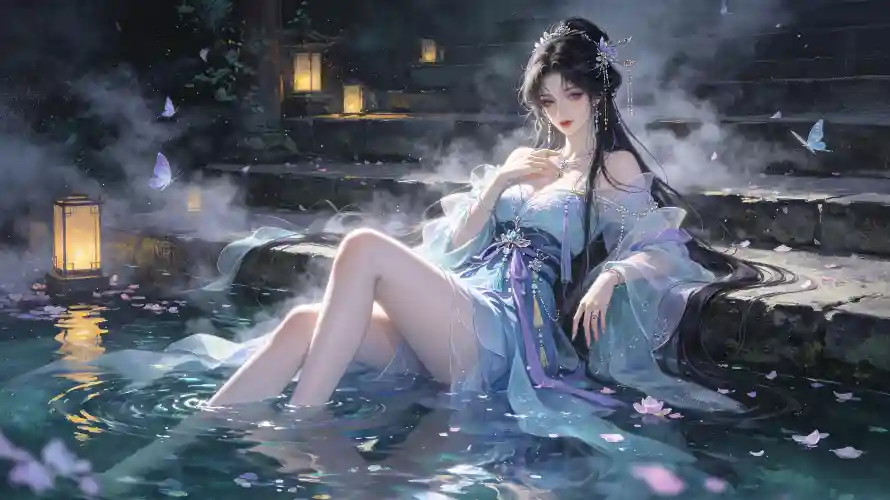 3k仙境壁纸-夜浴 - 温泉-灯笼「哲风壁纸」