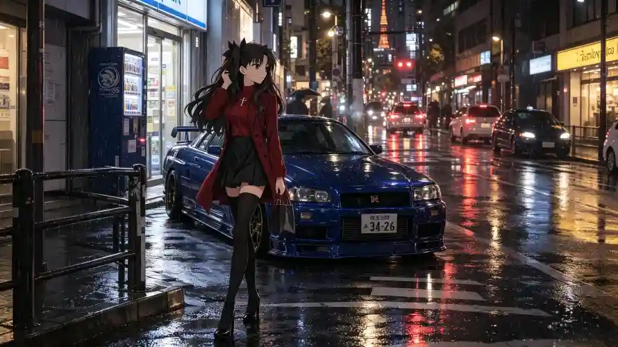 3k东京壁纸-街景 - 雨夜-双马尾「哲风壁纸」
