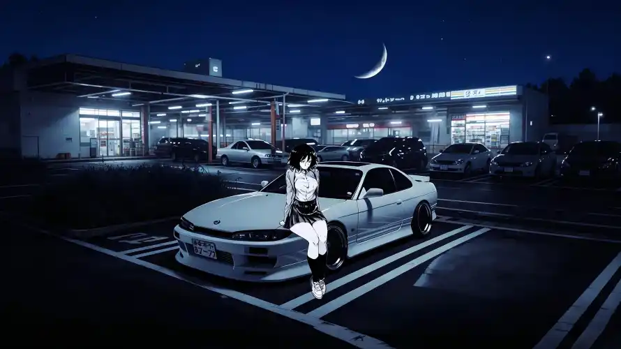 3k夜景壁纸-少女 - 弯月-街头「哲风壁纸」