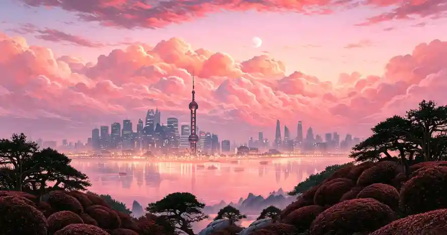 3k上海壁纸-晚霞 - 松树-黄昏「哲风壁纸」