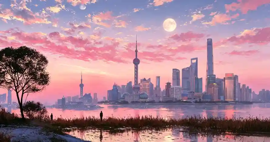3k上海壁纸-晚霞 - 月亮-树影「哲风壁纸」