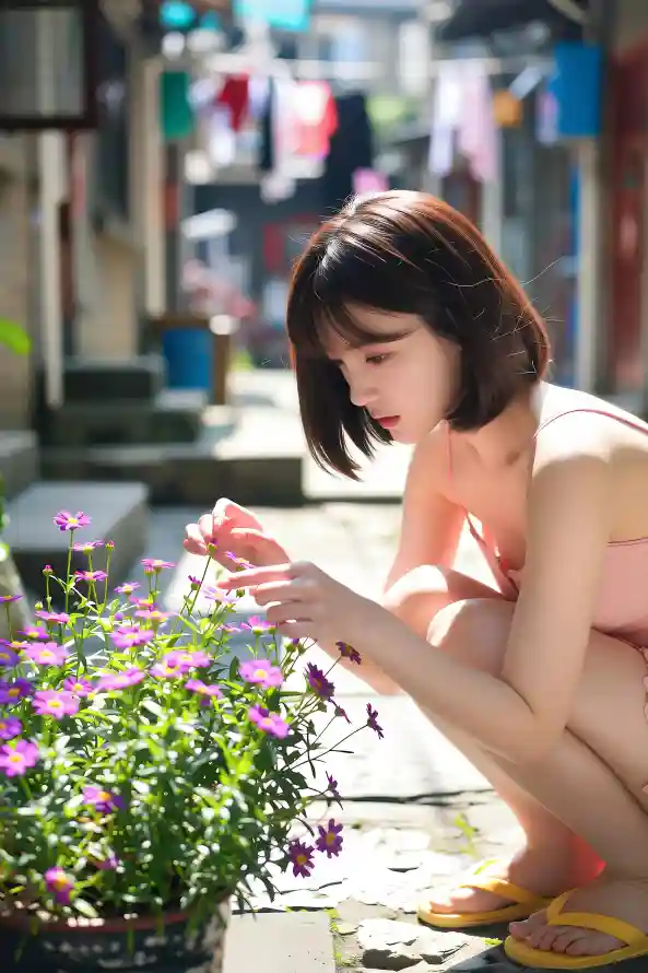 4k美女壁纸 - 花簇 - 街边 - 蹲姿「哲风壁纸」