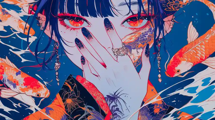 3k和风壁纸-少女 - 遮面-锦鲤「哲风壁纸」