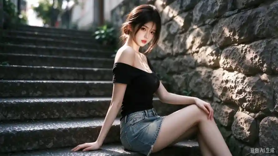 4k盘发壁纸 - 石墙 - 石阶 - 美女「哲风壁纸」