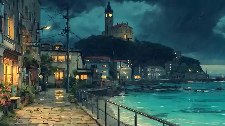 5k夜景壁纸-山丘 - 暖灯-海面「哲风壁纸」