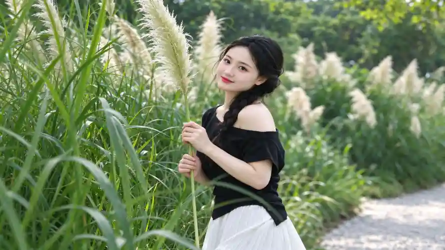 3k夏日壁纸-美女 - 草丛-蒲苇「哲风壁纸」