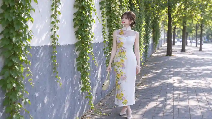 3k旗袍壁纸-绿树 - 美女-街拍「哲风壁纸」
