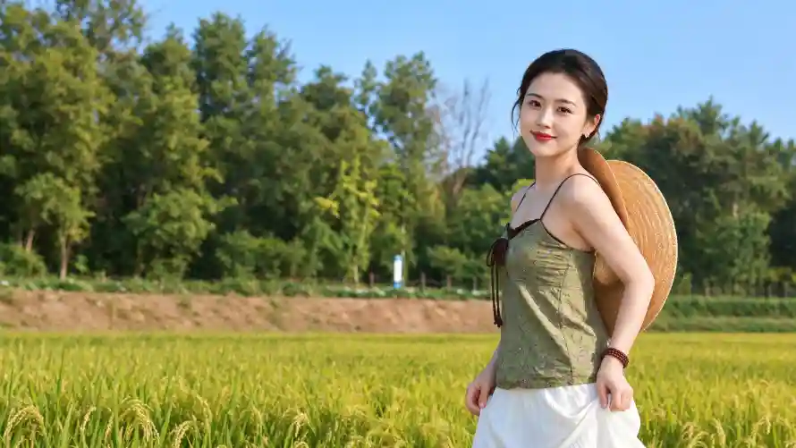 3k树林壁纸-白裙 - 稻田-草帽「哲风壁纸」