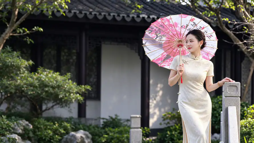 3k盘发壁纸-油纸伞 - 东方女性-中式园林「哲风壁纸」