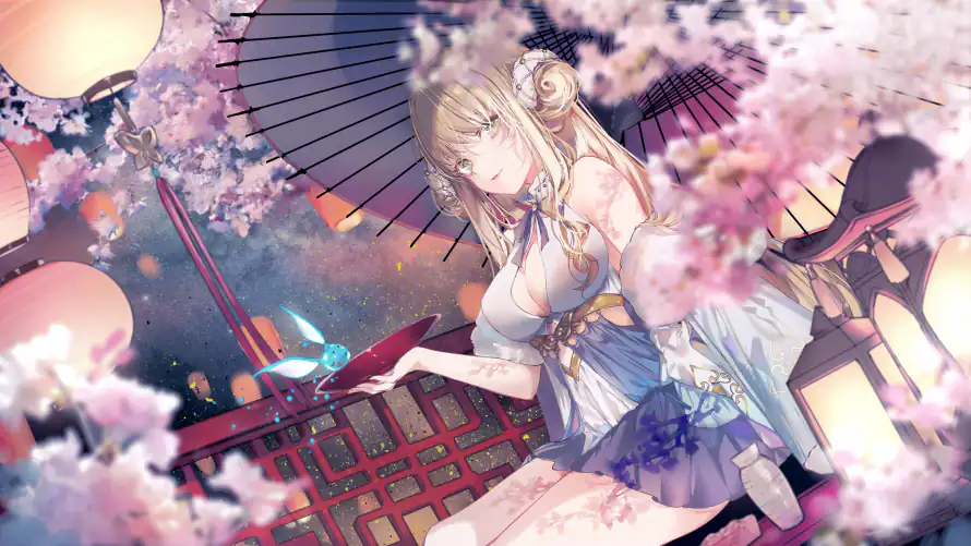 6k亭台壁纸-夜景 - 梦幻-樱花「哲风壁纸」