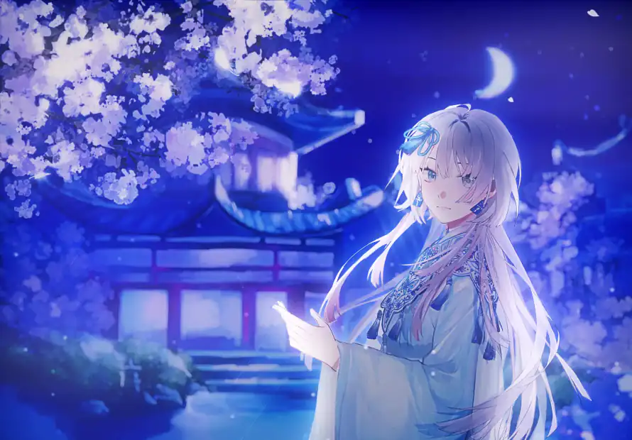 5k夜晚壁纸-弯月 - 星空-樱花「哲风壁纸」