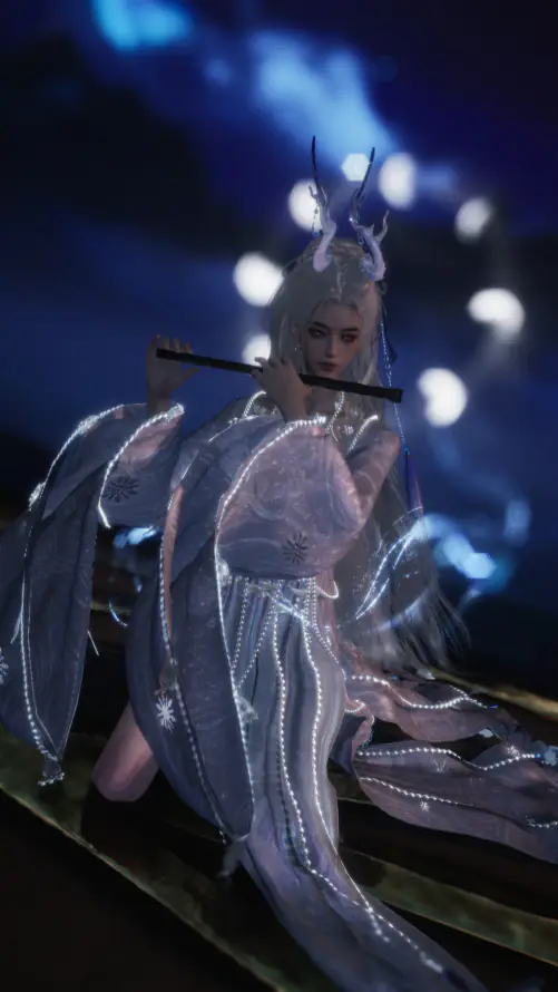 4k光斑壁纸 - 古风 - 吹笛 - 夜景「哲风壁纸」