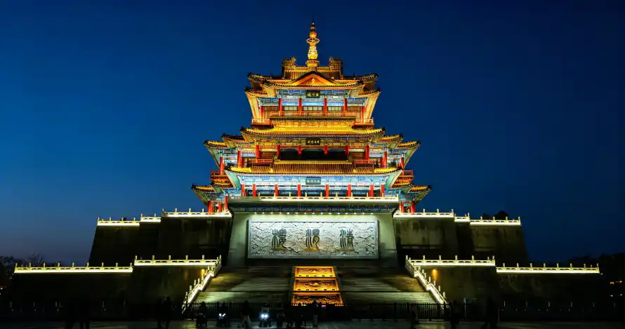 4k夜景壁纸 - 楼阁 - 灯光 - 蓝天「哲风壁纸」
