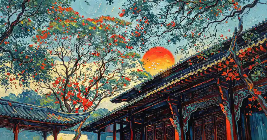 3k夕阳壁纸-庭院 - 树枝-红柱「哲风壁纸」