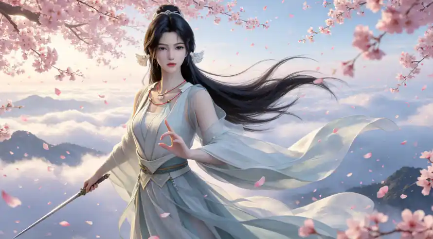 4k云海壁纸 - 宋玉 - 持剑 - 桃花「哲风壁纸」