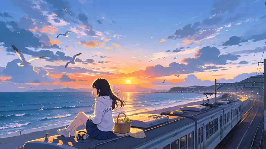 5k列车壁纸-少女 - 日落-晚霞「哲风壁纸」