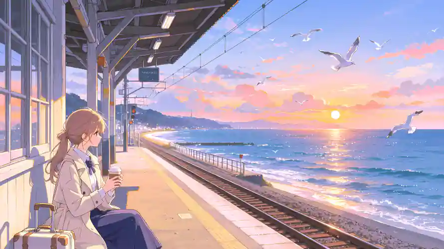 4k大海壁纸 - 少女 - 日落 - 海鸥「哲风壁纸」