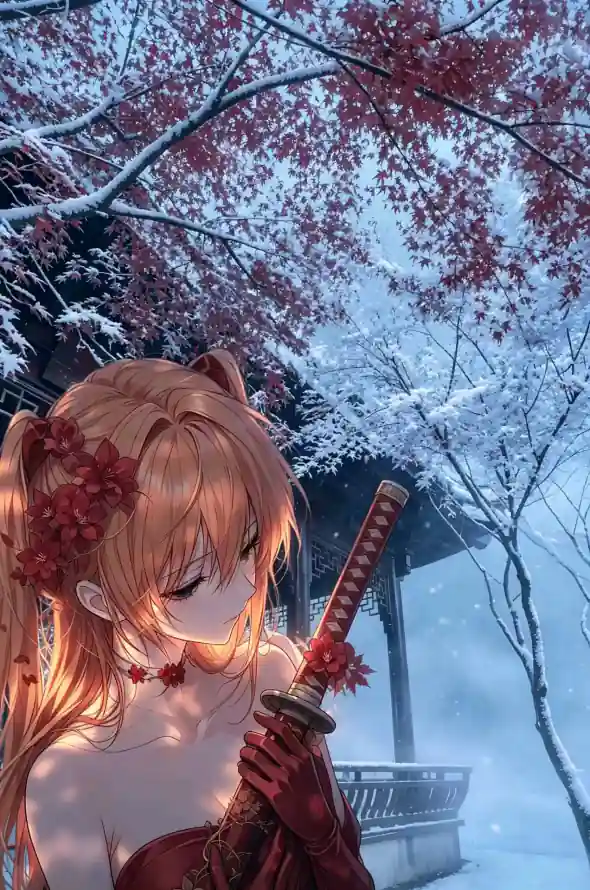 4k动漫壁纸 - 红枫 - 花饰 - 雪景「哲风壁纸」