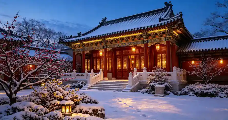 4k冬夜壁纸 - 宫殿 - 庭院 - 暖灯「哲风壁纸」