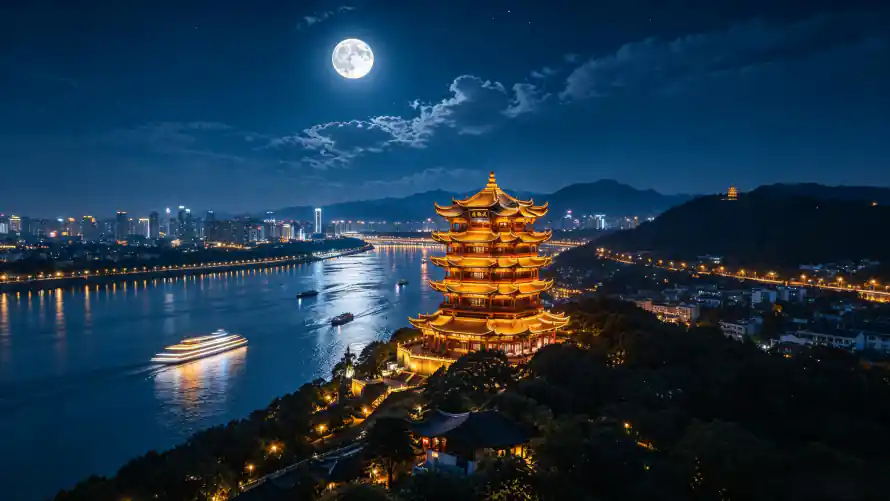 3k地标壁纸-月夜 - 武汉-江景「哲风壁纸」