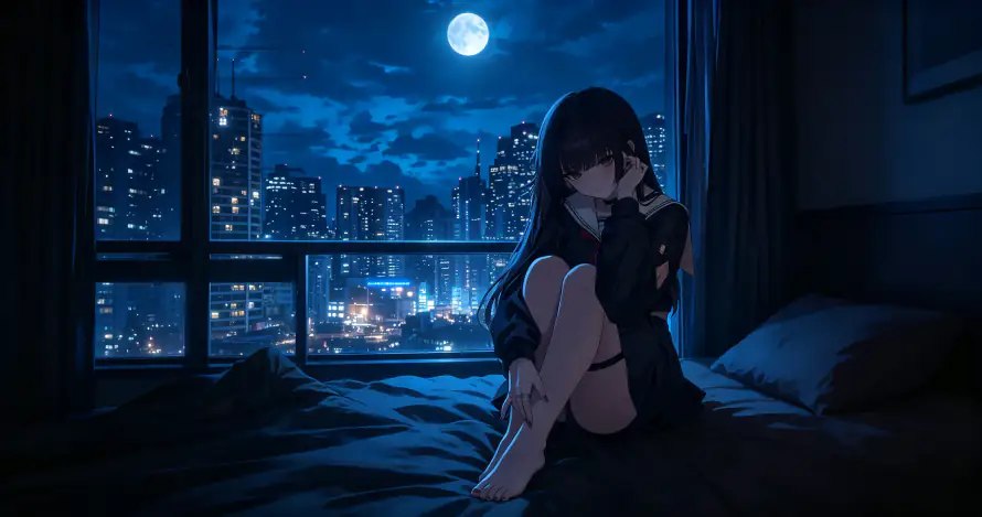 4k动漫壁纸 - 卧室 - 夜晚 - 满月「哲风壁纸」