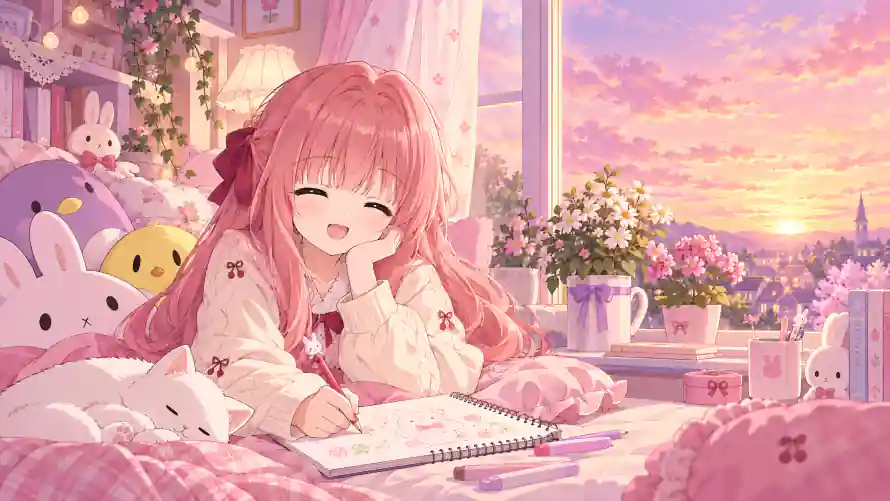 4k卧室壁纸-可爱 - 夕阳-少女「哲风壁纸」