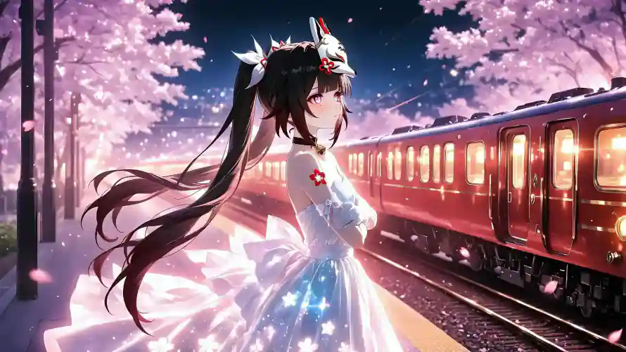 4k列车壁纸-夜晚 - 夜樱-婚纱「哲风壁纸」