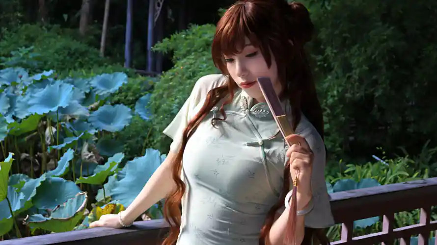 4k古风壁纸-园林 - 折扇-旗袍「哲风壁纸」